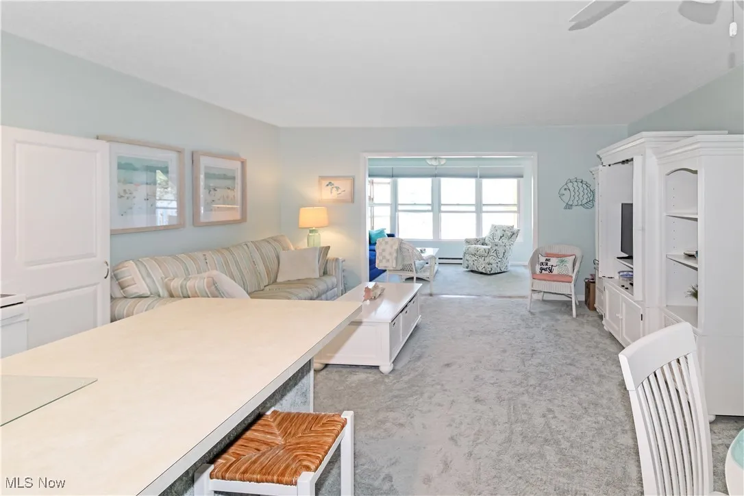 Living room featuring light carpet and a ceiling fan