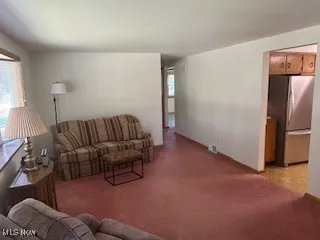 Living room with light colored carpet