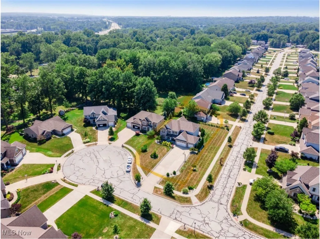 Aerial perspective of suburban area featuring a forest