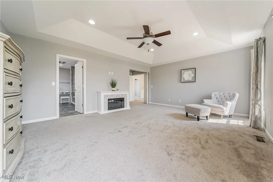 Living area featuring a raised ceiling, a ceiling fan, carpet flooring, recessed lighting, and a high end fireplace