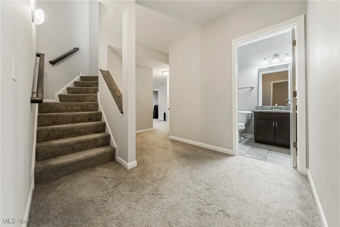 Stairway featuring carpet flooring and baseboards