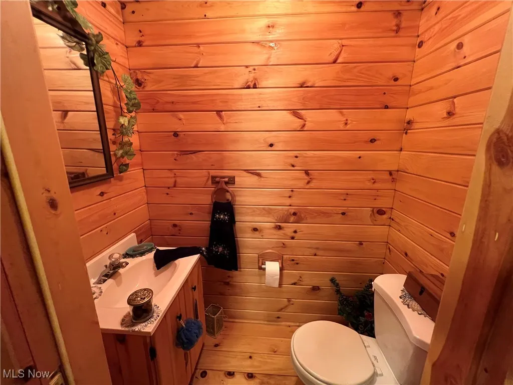 Bathroom with wood walls and vanity
