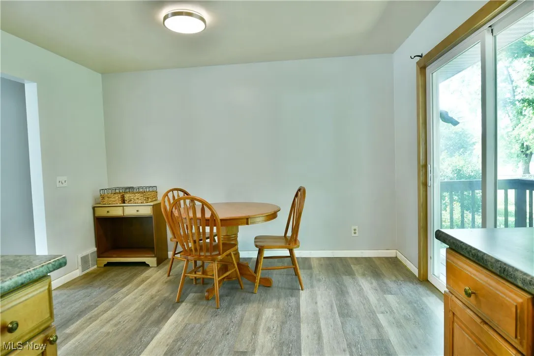 Dining area featuring light wood finished floors and baseboards