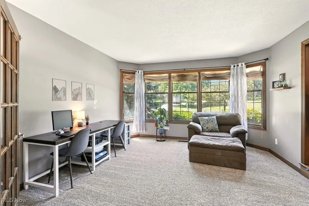 Carpeted office with plenty of natural light and a textured ceiling