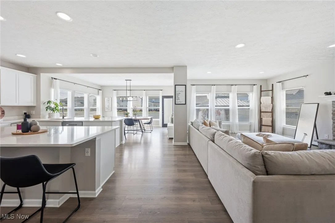 Living area featuring recessed lighting, dark wood-type flooring, and a textured ceiling