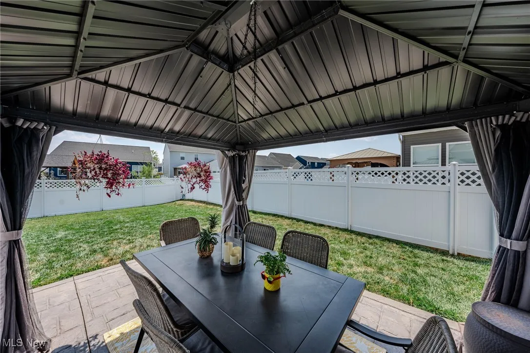 Fenced backyard featuring outdoor dining area and a patio