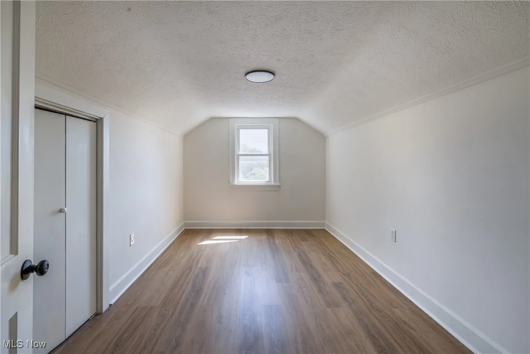 Bonus room featuring dark wood-style floors, a textured ceiling, and vaulted ceiling