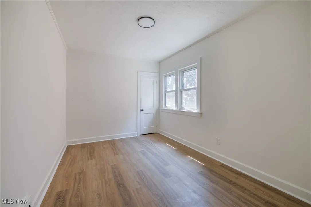 Spare room featuring wood finished floors and ornamental molding