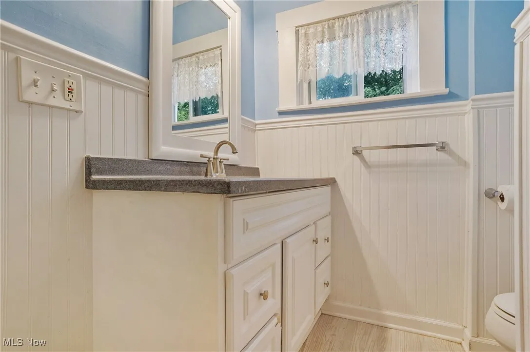 Bathroom with a wainscoted wall, vanity, and wood finished floors