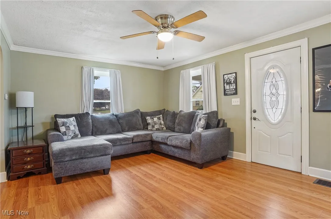 Living room featuring plenty of natural light, light wood finished floors, a ceiling fan, and ornamental molding