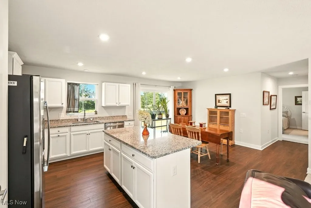 Kitchen with appliances with stainless steel finishes, a center island, recessed lighting, dark wood-style flooring, and light stone countertops