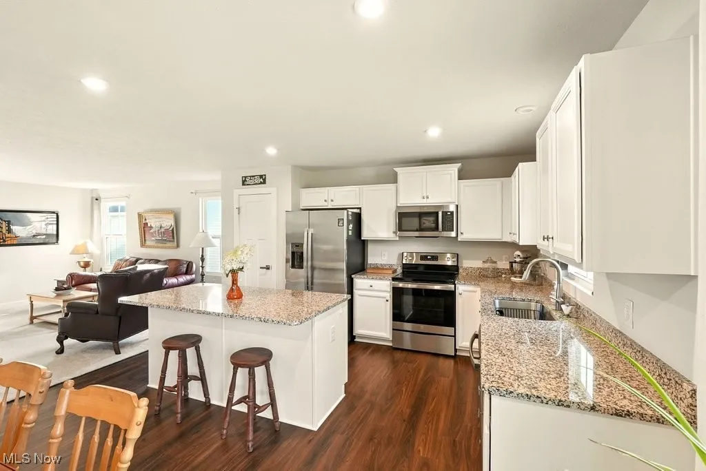 Kitchen featuring appliances with stainless steel finishes, a center island, white cabinetry, dark wood-style flooring, and light stone counters