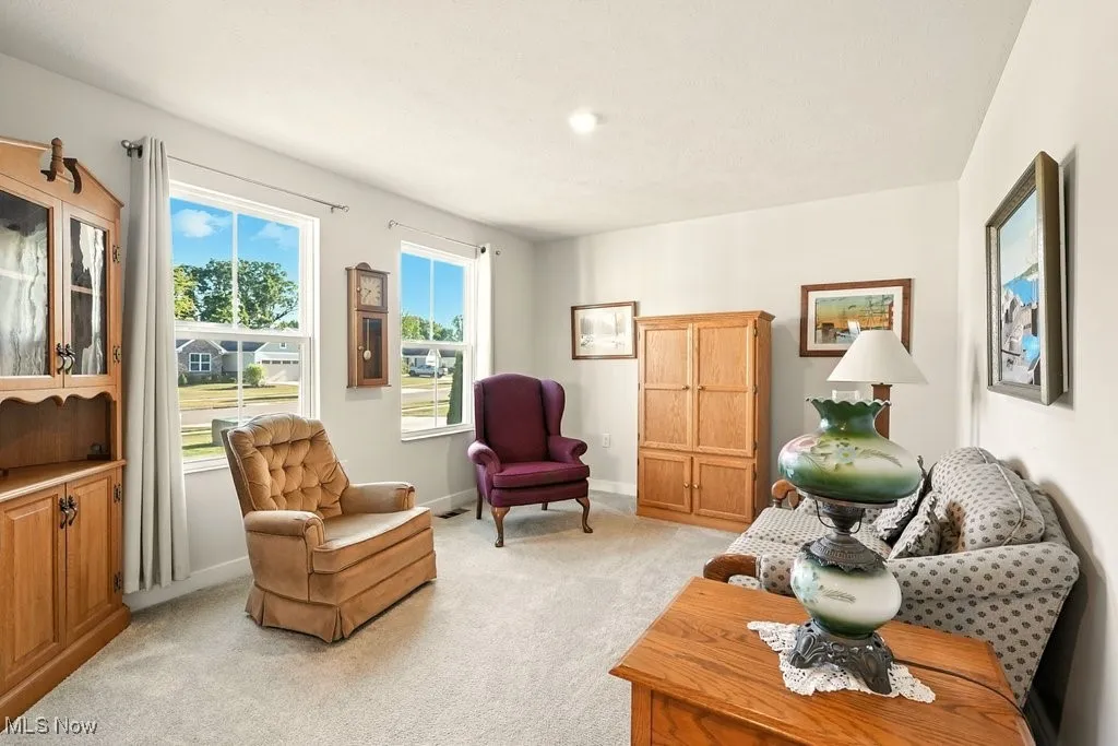 Living room featuring light carpet and baseboards