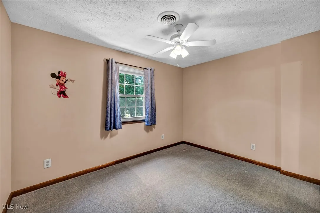 Unfurnished room with carpet floors, a textured ceiling, and ceiling fan