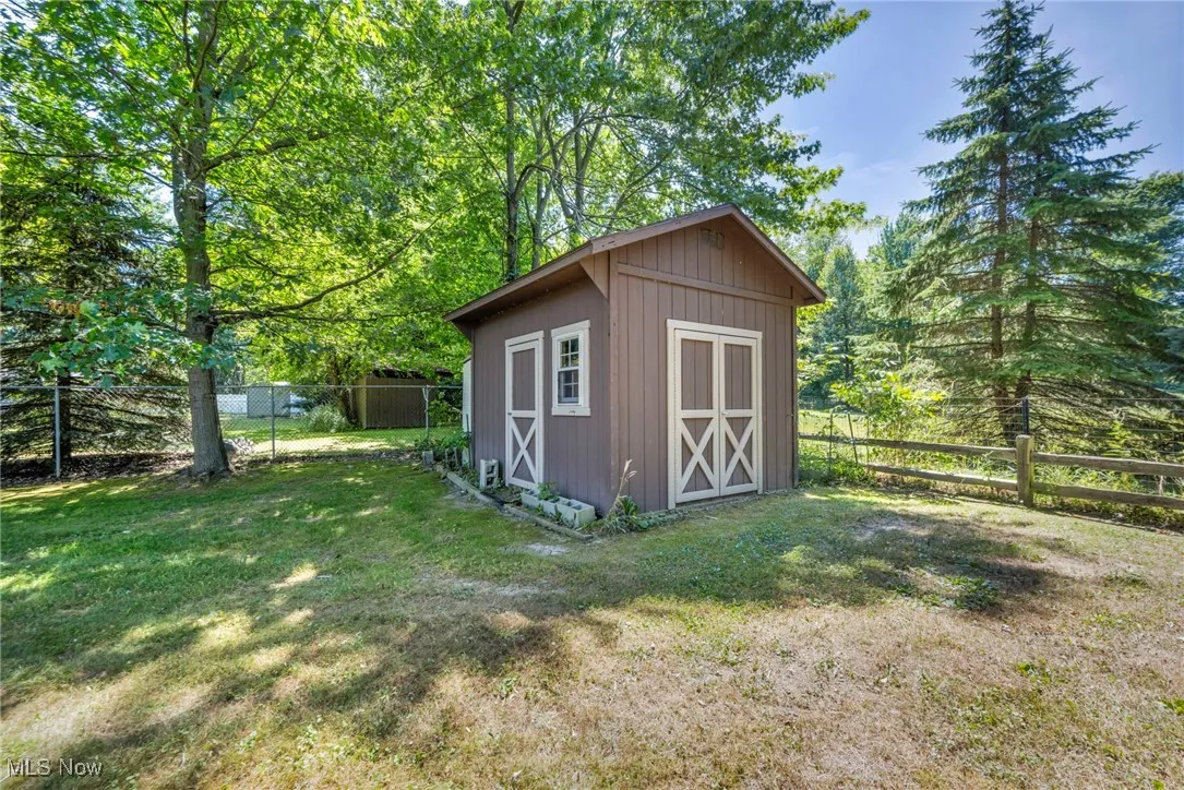 View of shed featuring a fenced backyard