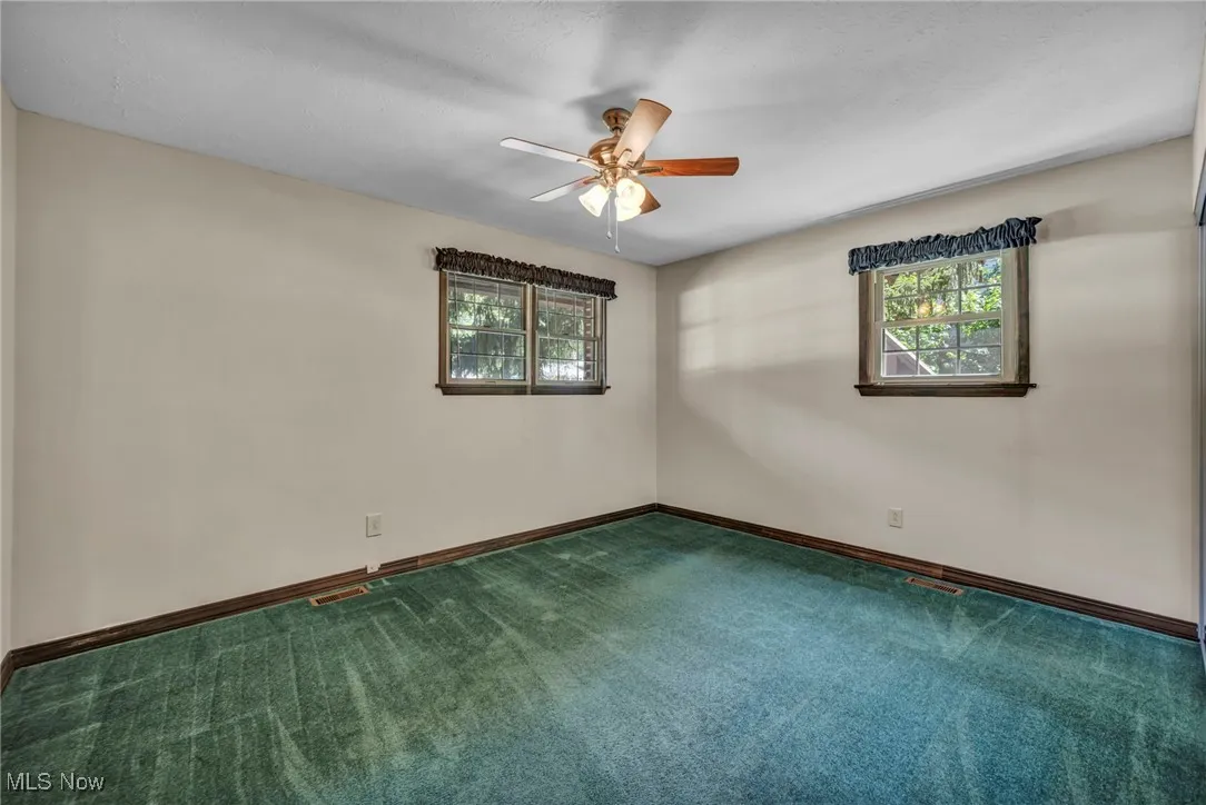 Empty room with carpet floors, healthy amount of natural light, and a ceiling fan