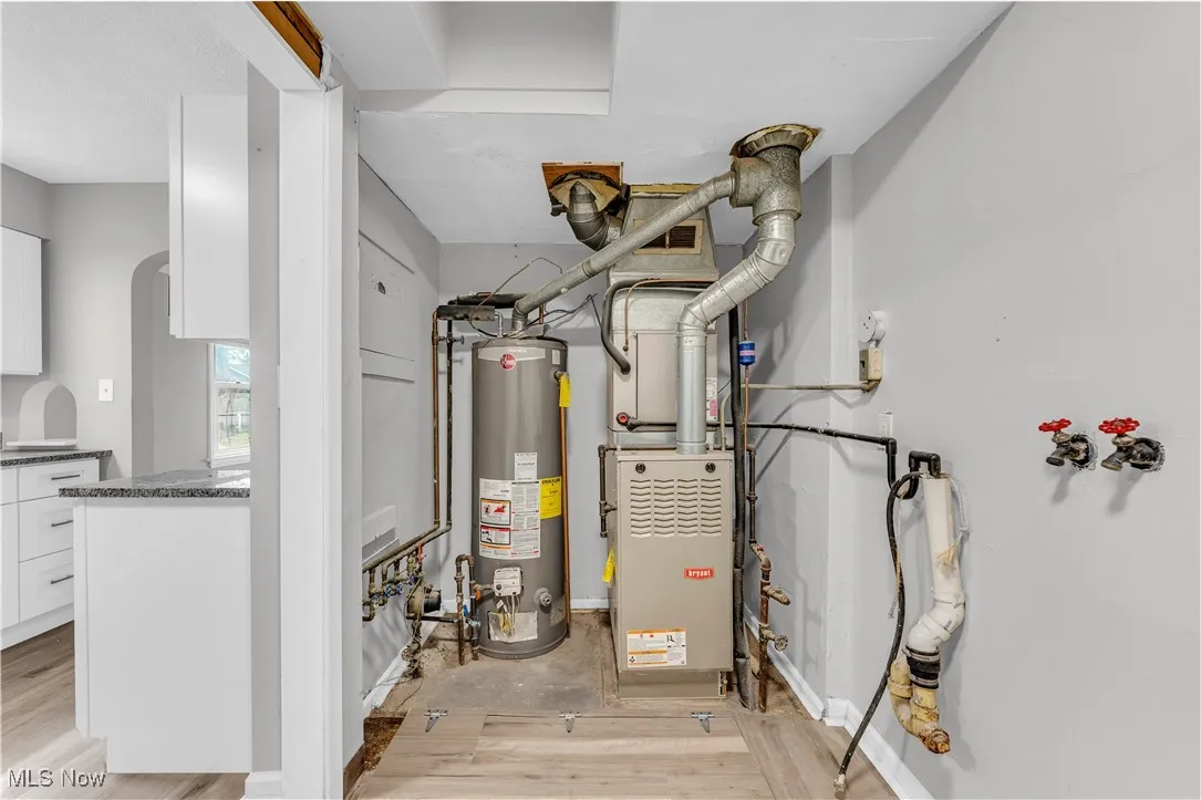 Utility room featuring gas water heater and heating unit