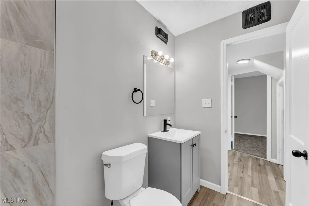 Bathroom featuring vanity, wood finished floors, and a shower
