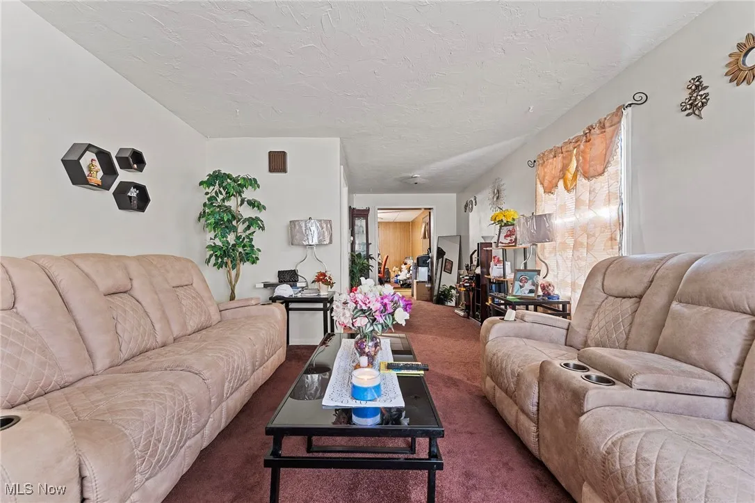 Carpeted living room with a textured ceiling