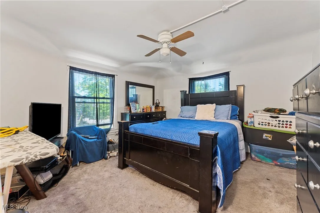 Carpeted bedroom with ceiling fan