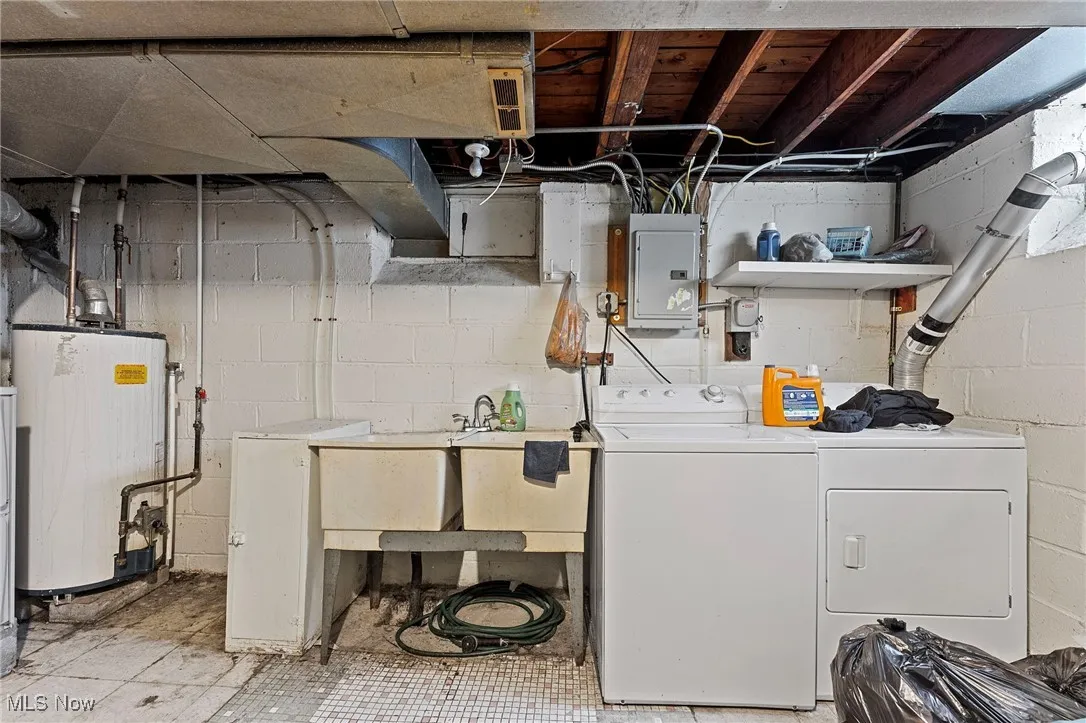 Washroom featuring separate washer and dryer, electric panel, and water heater