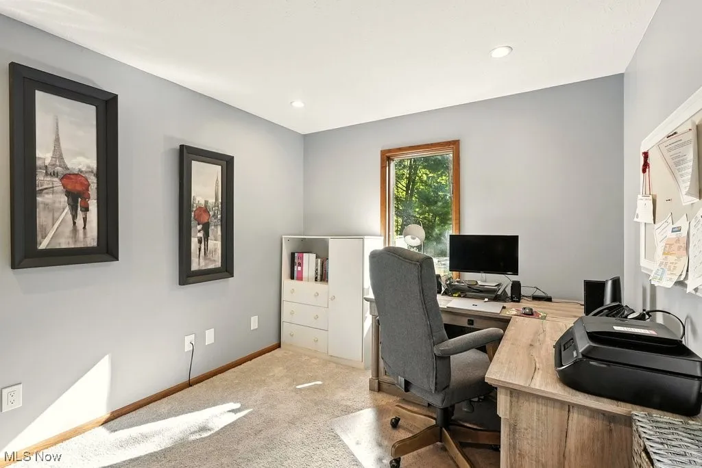 Office space featuring carpet and recessed lighting