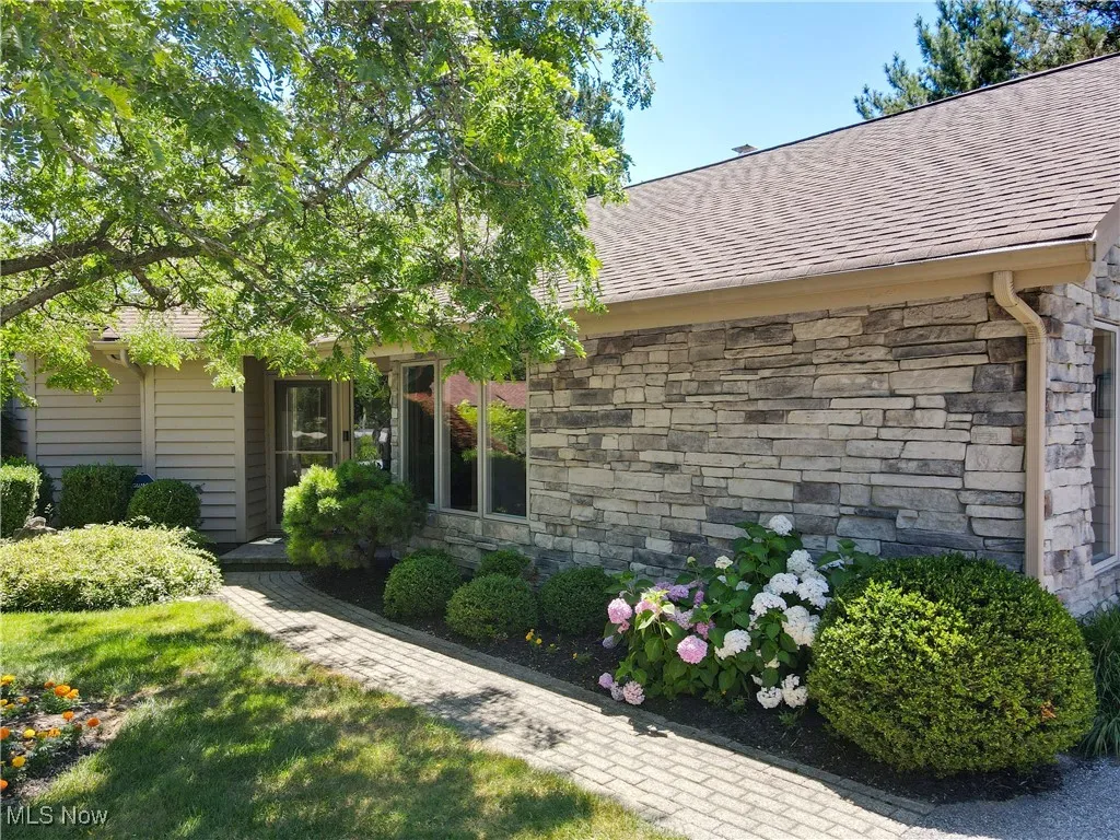 Doorway to property with stone siding and roof with shingles