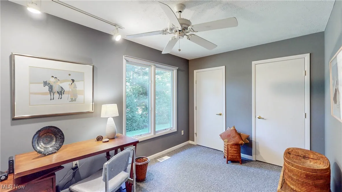 Home office featuring carpet, rail lighting, a ceiling fan, and a textured ceiling