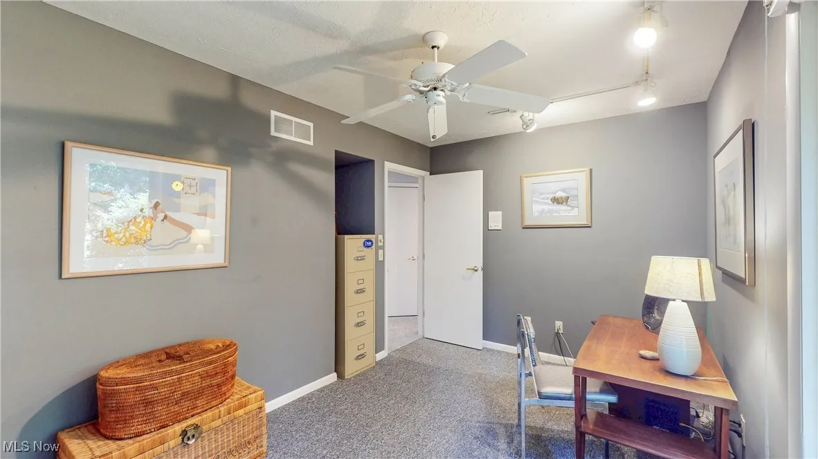 Carpeted home office featuring track lighting and ceiling fan