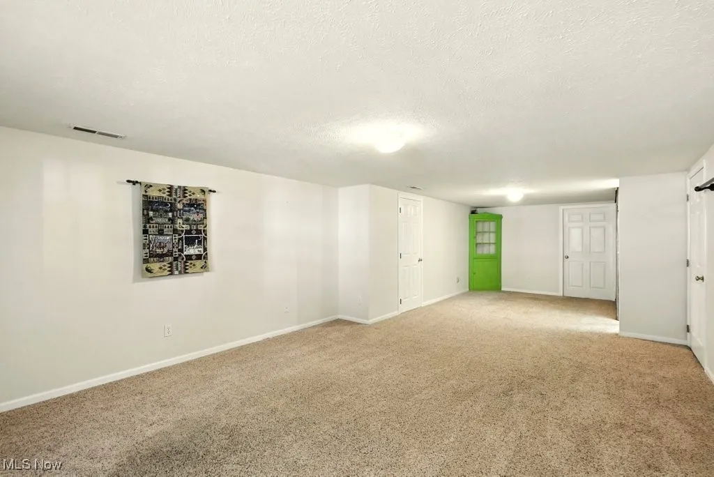 Finished below grade area featuring light carpet and a textured ceiling
