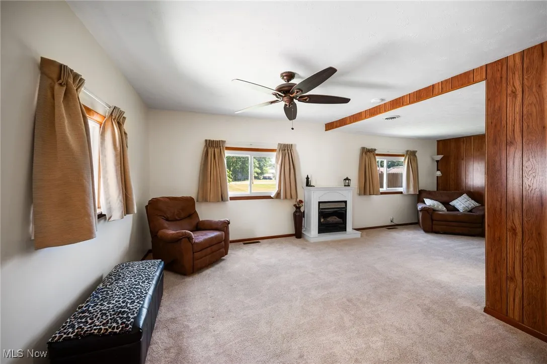 Living room with carpet flooring, ceiling fan, a glass covered fireplace, and wood walls