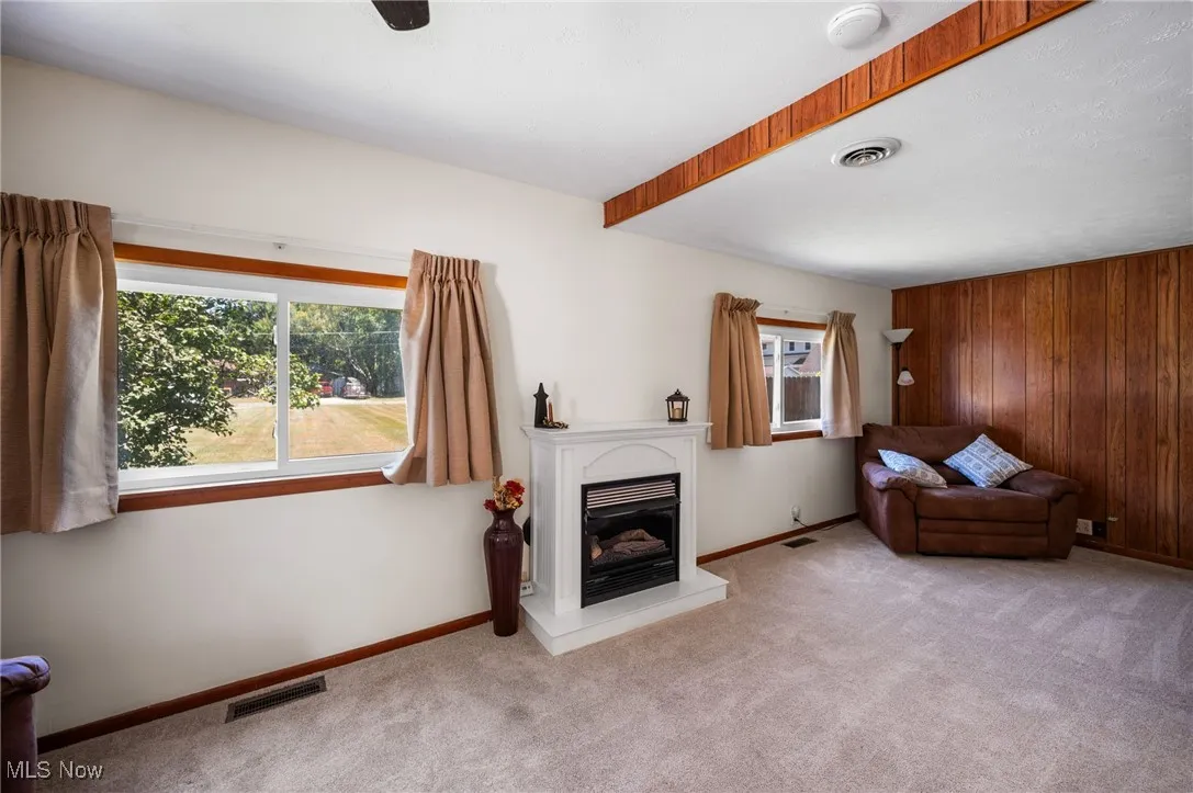 Living room featuring carpet flooring, wood walls, and a glass covered fireplace