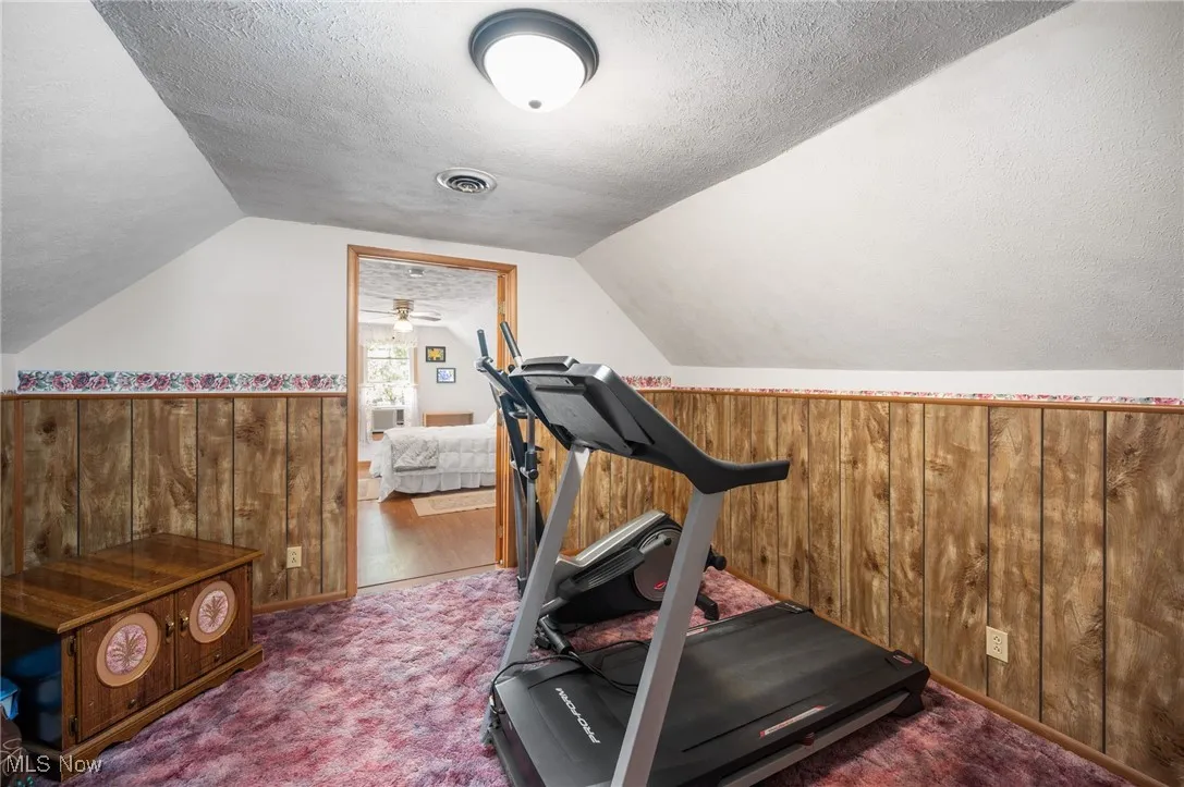 Exercise area featuring wooden walls, a textured ceiling, carpet, wainscoting, and lofted ceiling
