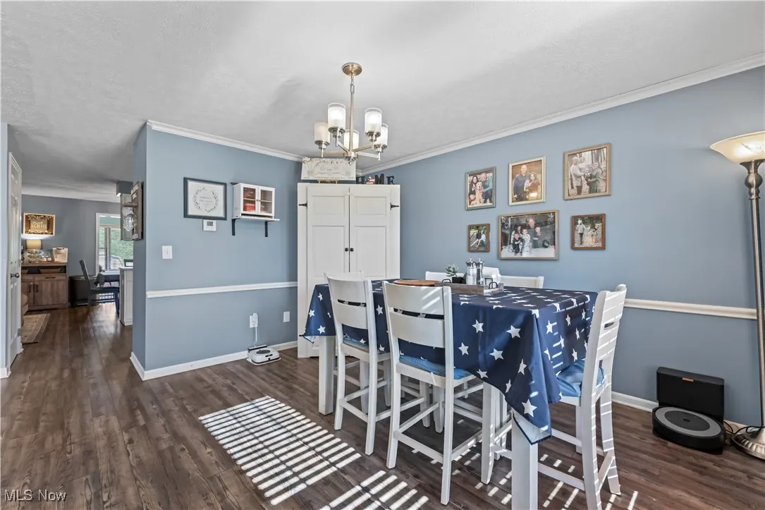 Dining space with wood finished floors, a chandelier, crown molding, and a textured ceiling