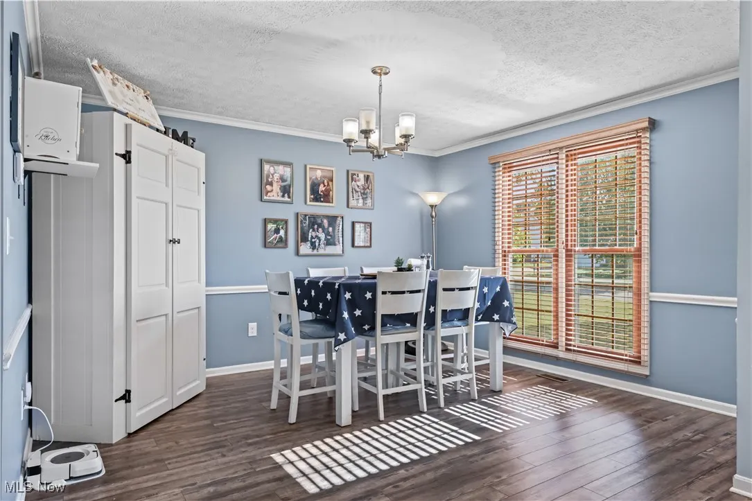 Dining area with a chandelier, a textured ceiling, ornamental molding, and dark wood-style flooring