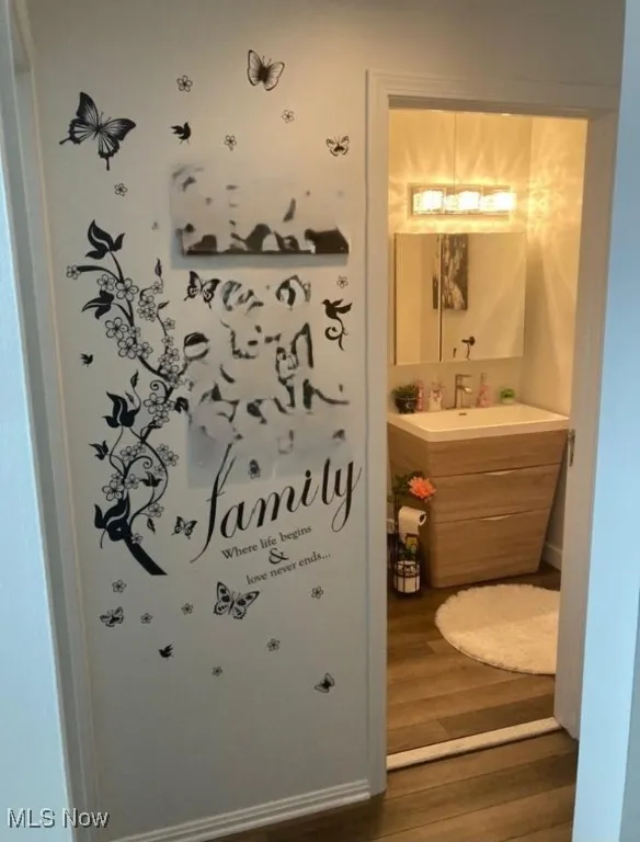 Bathroom with vanity and wood finished floors