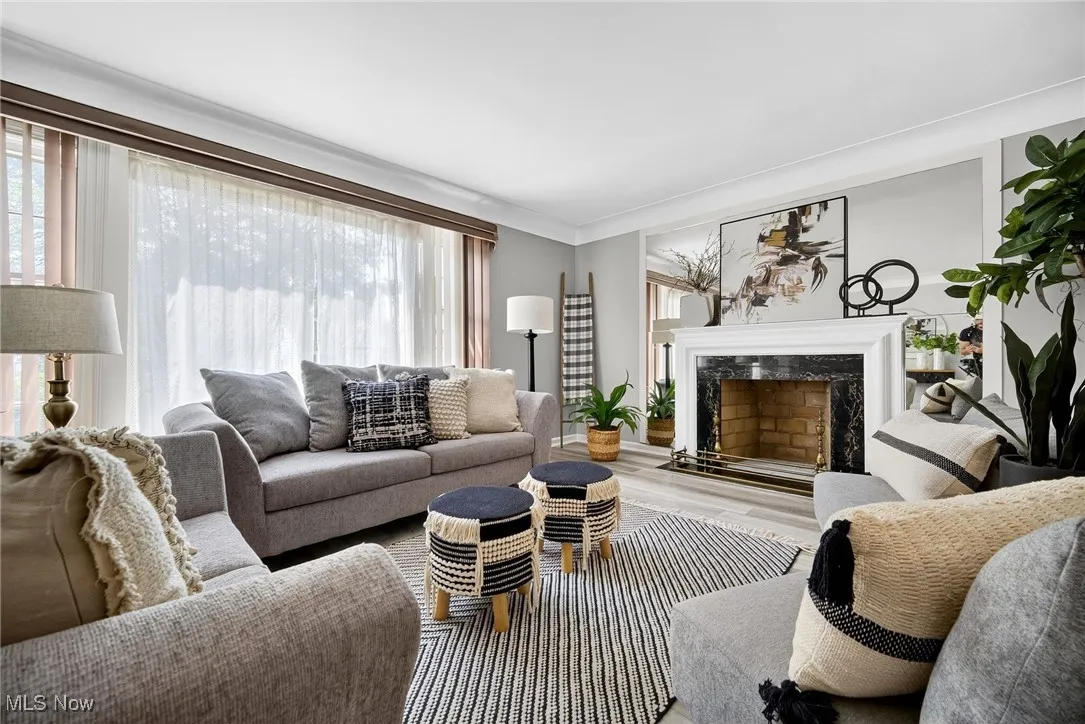 Living room with wood finished floors, a fireplace, and crown molding