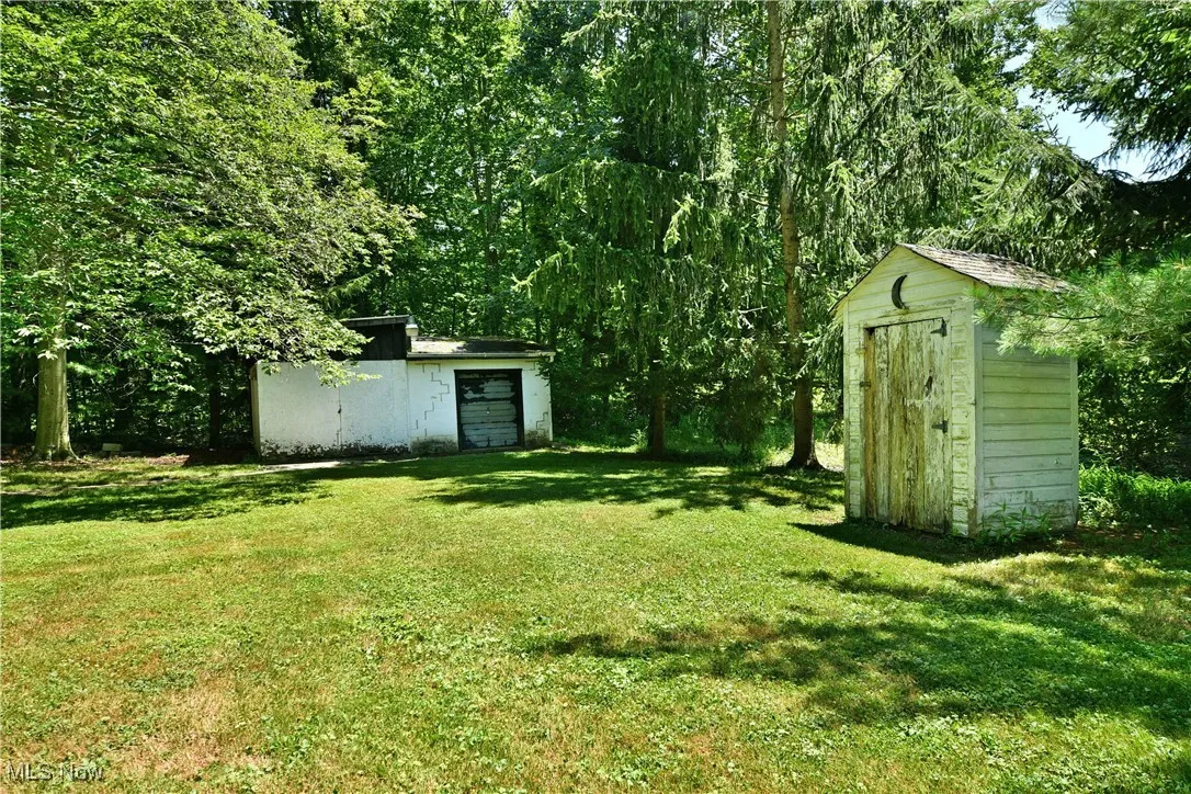 View of grassy yard with a shed