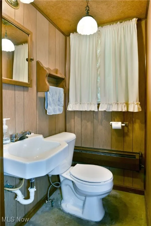Bathroom with wood walls and concrete floors