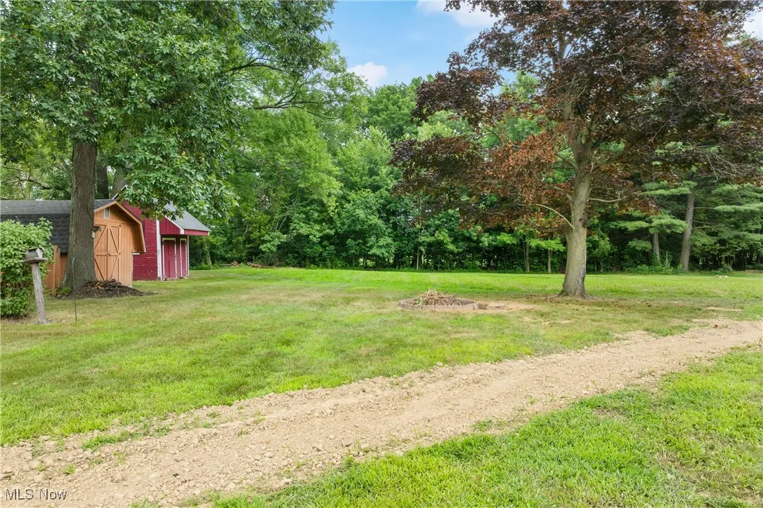 View of green lawn with a storage shed and a detached garage