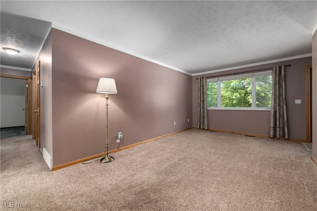 Carpeted empty room with a textured ceiling and ornamental molding