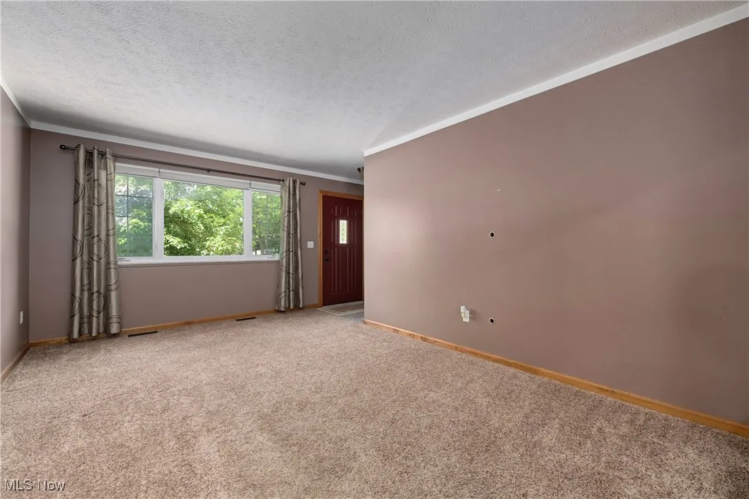Carpeted empty room featuring ornamental molding and a textured ceiling