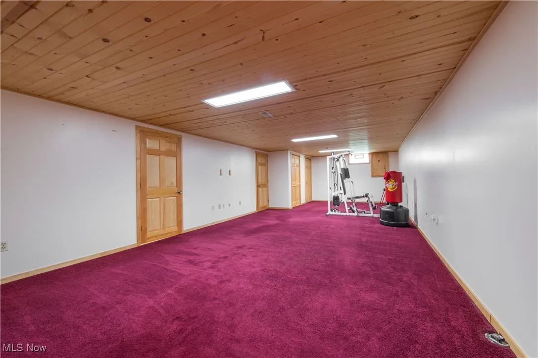 Finished basement featuring carpet and wooden ceiling