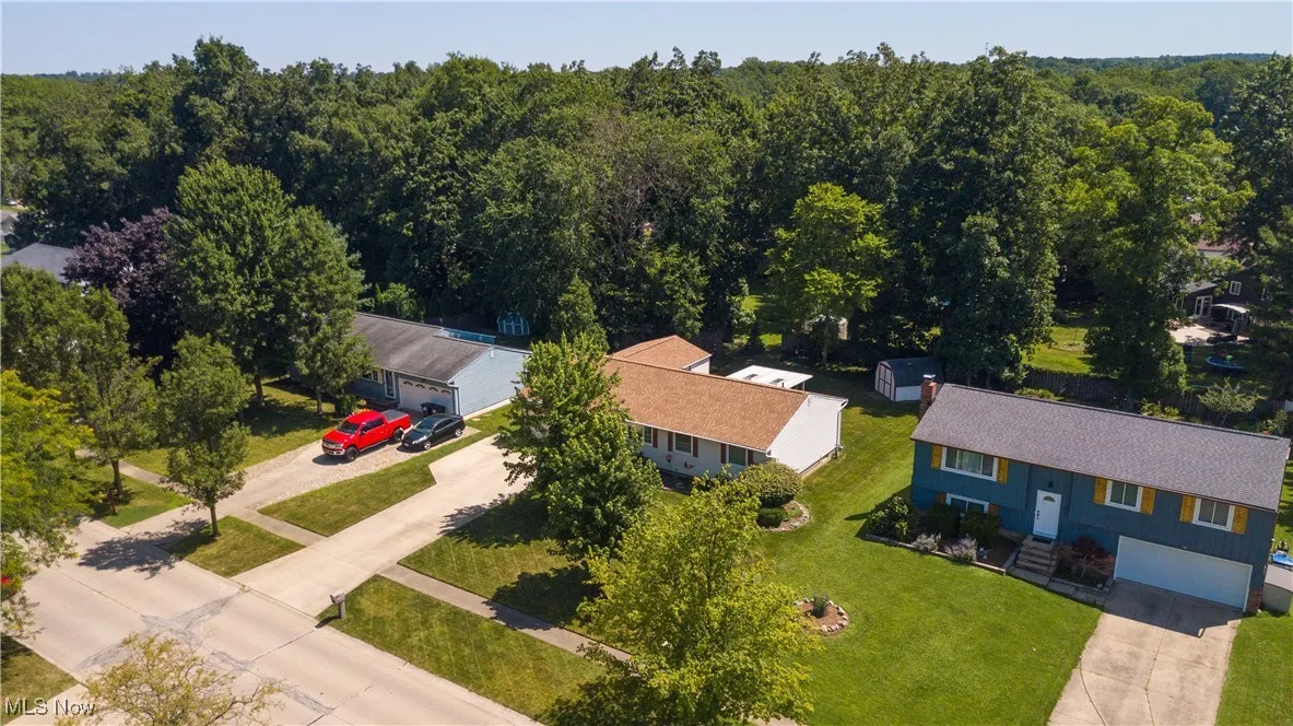 Aerial view of a heavily wooded area
