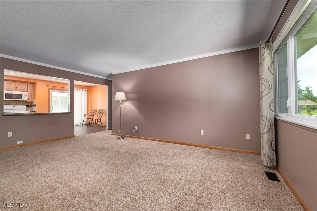 Carpeted spare room with crown molding and baseboards