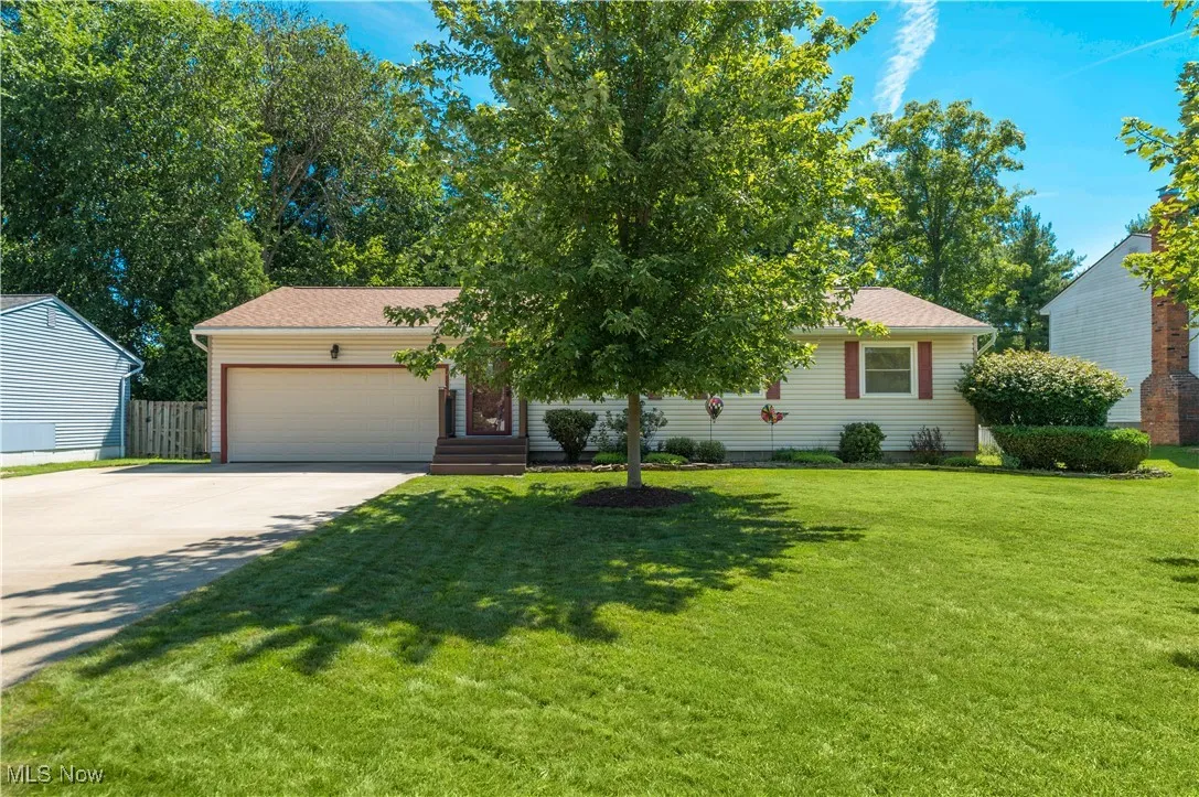 View of front of property with concrete driveway, an attached garage, and a shingled roof
