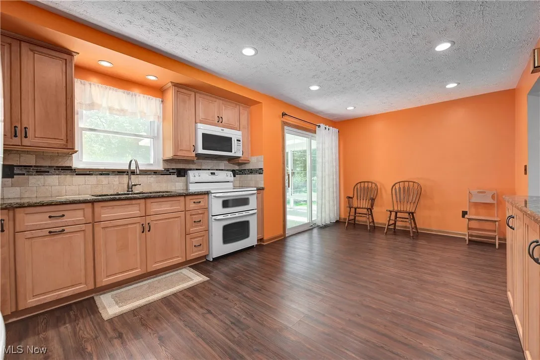 Kitchen with white appliances, dark wood-type flooring, backsplash, plenty of natural light, and recessed lighting