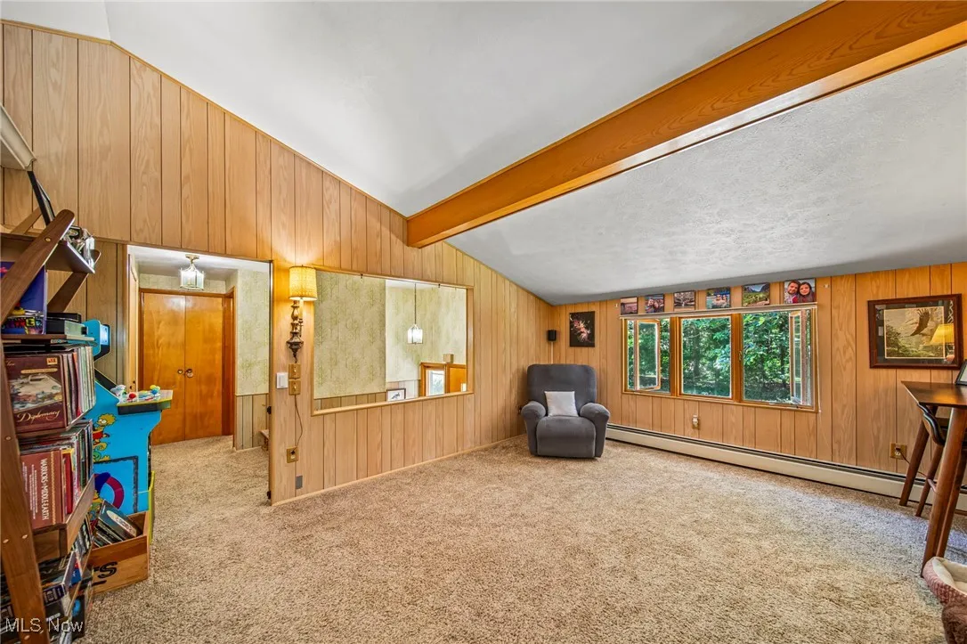 Living area with wooden walls, carpet flooring, and a baseboard heating unit
