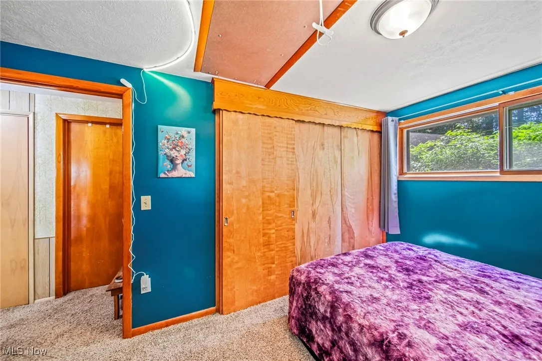 Bedroom with a textured ceiling, carpet, and a closet