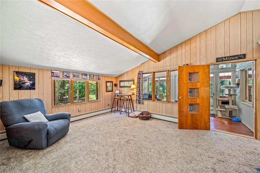 Sitting room with wood walls, carpet floors, and a baseboard heating unit